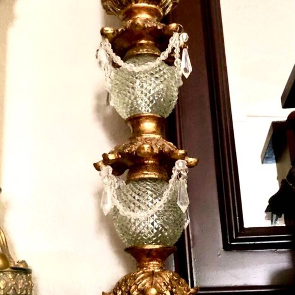 NWT ALEXANDRA'S ACCENTS Pair Antique Gold Cut Crystal Pillar Candle Holders 15" - Picture 8 of 10